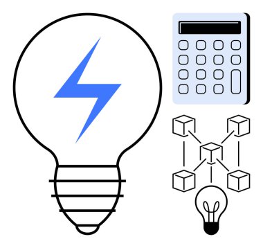 Yıldırım ikonlu ampul, dijital hesap makinesi, engelleme zinciri ağı ve küçük ampul tasarımı. Teknoloji, yenilik, enerji, finans eğitimi engelleme ve yaratıcılık için idealdir. Basit düz