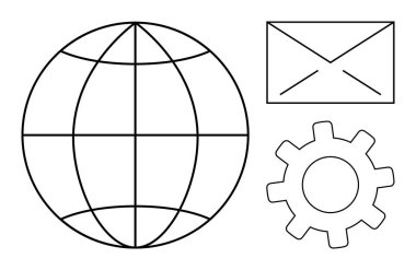 Küre, zarf ve teçhizat ana hatları dünya çapında bağlantı, e-posta alışverişi ve teknik işlemler. İletişim, ağ, küreselleşme, teknoloji işbirliği için ideal