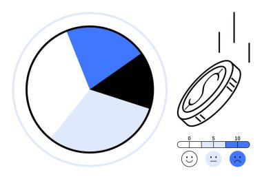 Dairesel pasta grafiği, bölümleri, mutlu yüzlerden üzgün yüzlere geri bildirim ölçeği ve düşen bir para. Analiz, finans, geri bildirim, değerlendirme, seçimler için ideal, karar verici basit düz metafor