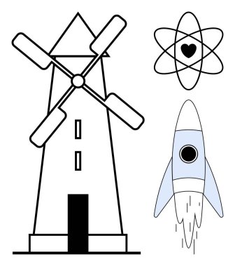 Yel değirmeninin güç üretmesi, roketin yukarı fırlatılması ve atomik kalbin enerji, yaratıcılık ve ekolojik bilinci sembolize etmesi. Yenilenebilir enerji, bilim, gelecek teknolojisi, aşk büyümesi için ideal