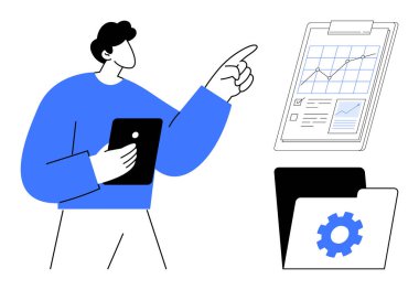 Tabletteki analitiği inceleyen iş adamı, büyüme grafiği panosuna işaret ediyor. Yakınındaki ayar dizini. Veri analizi, iş akışı, yatırım, takım çalışması, finans, proje yönetimi için ideal