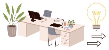 Bilgisayarları, sandalyeleri, kitapları ve bitkileri olan ikili masalar takım çalışmasına ve odaklanmasına ilham verir. Vurgulanmış ampul ve oklar yenilik ve yön anlamına gelir. Üretkenlik, yaratıcılık ve strateji için ideal