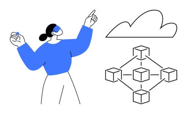 Bulut ve ağ küplerinde el kol hareketi yapan kadın, bulut hesaplamayı, veri depolamayı, blok zinciri, dijital dönüşüm, yenilik, takım çalışması ve bağlantıyı sembolize ediyor. Basit düz metafor için ideal