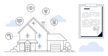 Akıllı ev özelliklerini temsil eden simgelerle çevrili modern ev, güvenlik, aydınlatma ve aletleri onaylıyor. Dijital sözleşme imzalamak gelişmiş teknolojiyi işaret eder. İOT, yenilik, ev için ideal