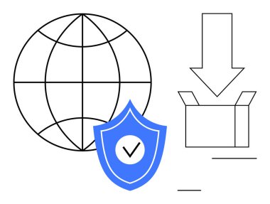 Izgara çizgileri olan dünya, işaretli kalkan ve kutuyu açmak için aşağı ok. Küresel iletişim, veri güvenliği, İnternet kullanımı, lojistik, e-ticaret, teknoloji basit düz metafor