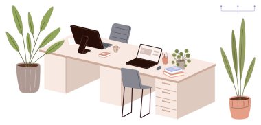 Monitörler, dizüstü bilgisayarlar, ofis sandalyeleri, saksılar, kitaplar ve bir kahve fincanı. Çalışma alanı tasarımı için ideal, üretkenlik, modern ofis konforu minimalizm yeşil dekor basit