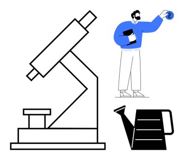 Tıbbi bir sembol, belgeler, büyük bir mikroskop ve sulama kutusu tutan bir bilim adamı. Temalar için idealler araştırma, büyüme, sağlık, yenilik, eğitim bilimi ve ilerlemeyi destekliyor. Basit.