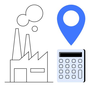 Bacaları, mavi lokasyonu ve hesap makinesi olan bir fabrika. Üretim, lojistik, endüstri, operasyonlar, finans planlama teknolojisi için ideal. Basit düz metaforu temsil eder