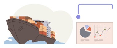 Kargo gemisi turta grafiğinin yanında konteynırlarla yelken açıyor. Veri analizlerinin takibi için çizgi grafiği. Ticaret, lojistik, küresel işletme, taşımacılık, tedarik zinciri yönetimi, analiz, tahmin