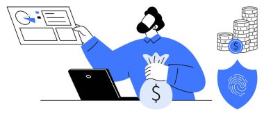 Para çantası, dizüstü bilgisayar, bozuk para ve parmak izli kalkan tutarken ekrandaki verileri analiz eden bir adam. Finans, siber güvenlik, fintech, analitik, yatırım zenginliği yönetimi güvenli ödemeler için ideal