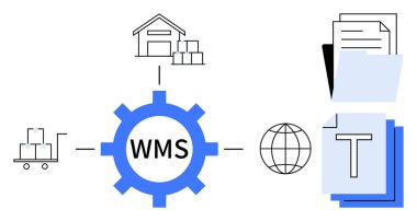 Depo, tramvay, dünya, metin ve dosyaları birleştiren WMS etiketli bir cihaz. Lojistik, tedarik zinciri, envanter kontrolü, veri akışı optimizasyonu dijital dönüşüm sade iniş için ideal
