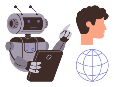 Robot elinde tablet ile insan kafasına küre doğrultulmuş yapay zekayı, teknolojiyi ve küresel bağlantıyı temsil ediyor. Yenilik için ideal, insan-makine etkileşimi, yapay zeka, iletişim