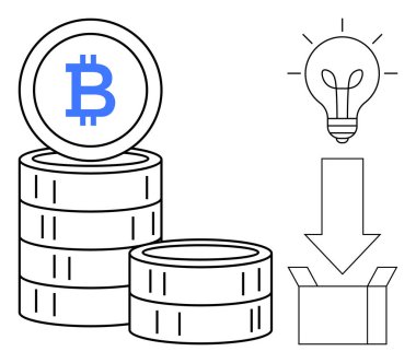 Bitcoin para yığını, parlayan ampul ve kutuya giden oku indir. Kripto para birimi, fintech, yenilik, blok zinciri, tasarruf yatırımları modern ekonomi için idealdir. Basit düz metafor