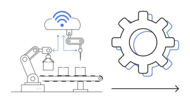 Bulut bağlantısı ve vites simgesi olan taşıyıcı bantta robot kol montajı ürünleri. Otomasyon için ideal, IoT, endüstri 4.0, akıllı fabrikalar, üretkenlik, teknoloji verimliliği. Basit düz
