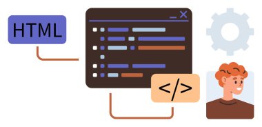 Renkli sözdizimi renklendirme ile kod düzenleyici HTML ögesine bağlanır ve geliştiriciler dişli profil oluşturur. Programlama, web tasarımı, öğrenme, kodlama işbirliği, yazılım geliştirme, bilişim için ideal