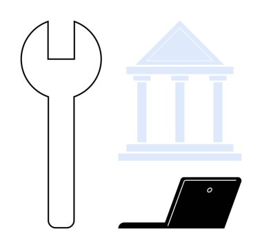 İngiliz anahtarı, hükümet binası taslağı ve dizüstü bilgisayarda kamu hizmetleri, sistem araçları ve dijital yönetim vurgulandı. Yönetim, bakım, dijital altyapı ve hizmet onarımı için ideal