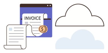 Para birimi, pencere arayüzü ve dijital araçları gösteren bulut simgeleriyle çevrimiçi fatura belgesi. Finans, muhasebe, bulut depolama, işletme, e-ödemeler, teknoloji süreci için ideal