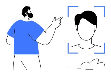 Sakallı adam, odak çerçevesi içinde basit bir kullanıcı profili içeren yüz tanıma arayüzüne doğru hareket eder. Teknoloji, yapay zeka, kimlik, yenilik, ağ, güvenlik için ideal