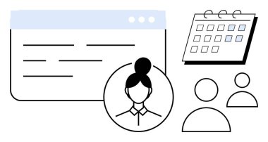 Kadın avatar profili, metin, takvim ve takım üyeleriyle tarayıcı penceresi. Zamanlama, verimlilik, işbirliği, HR planlama kullanıcı arayüzü takım çalışması için ideal. Basit düz metafor