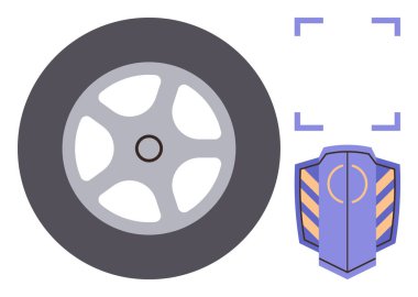 Güvenlik kalkanı ikonunun yanında modern tasarımı olan bir araba tekerleği. Otomotiv, ulaşım, güvenlik, sigorta, teknoloji, bakım ve yenilik temaları için ideal. Temiz düz metafor