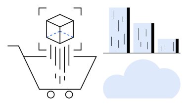 Alışveriş arabasına küp taraması, çubuk grafik ve bulut elementleri e-ticareti, veri analizini, bulut hesaplamasını, makine öğrenmesini, lojistiği, perakende yeniliği, basit düz metaforu sembolize eder