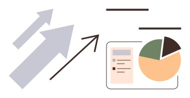 Yukarı doğru oklar bir pasta grafiği ve liste elementi boyunca büyüme eğrisini sembolize ediyor. Piyasa eğilimleri, istatistik, finans, ilerleme, strateji, başarı ve teknoloji için ideal. Basit düz metafor