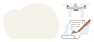 Quadcopter havada duruyor, kalem imzalama belgesi, dijital depolamayı temsil eden bulut. Yenilik, teknoloji, kağıt işleri dijitalleştirme, bulut yönetimi, lojistik, otomasyon fütüristik kavramları için ideal