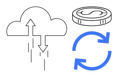 Veri oklu bulut, para birimini temsil eden bozuk para ve akışı gösteren döngüsel oklar. Finans, bulut hesaplama, veri senkronizasyonu, teknoloji, depolama ekonomisi akışı için ideal. Basit.