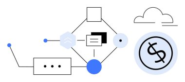 Geometrik iş akışı bulut, düğüm ve dolar işareti gösteriyor. Finans, teknoloji, iş stratejisi, veri işleme, otomasyon bağlantısı ve soyut süreçler için ideal. Basit düz metafor