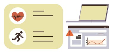 Bir dizüstü bilgisayarın yanında kalp atış hızı ve zindelik verileri uyarı uyarısıyla istatistikleri analiz ediyor. Sağlık, zindelik, sağlık, veri takibi, teknoloji, sağlık uygulamaları, dijital tanılar için idealdir. Basit.