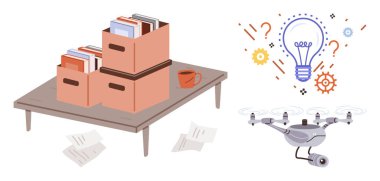 Evrak kutuları, dağınık kağıtlar ve bir izleme kuadkopteri ve soru işaretleri ve dişlilerle aydınlatılmış ampulün yanında kahve fincanı olan masa. Yenilik, organizasyon ve yaratıcılık için ideal