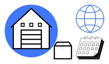 Depo, nakliye kutusu, dünya, küresel tedarik zincirini temsil eden takvim, lojistik, e-ticaret, dağıtım, envanter planlaması ve organizasyon. Ticari ticaret nakliye programı için ideal