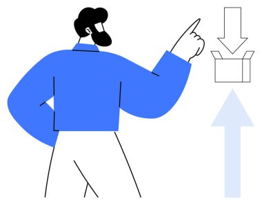 Sakallı adam yukarıyı işaret ederek açık kutuyu gösteriyor ve oku indiriyor. Eylemi, teslimatı, talimatı ya da veri transferini simgeliyor. Teknoloji, depolama, öğretim ve lojistik eğitim için ideal