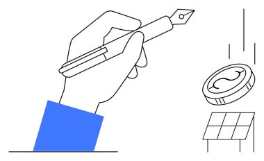 El ele tutuşma kalem çizim fikirleri, madeni parayı sembolize eden para, yeşil enerji için güneş paneli. Yenilik, sürdürülebilirlik, ekonomi, yaratıcılık, yenilenebilir enerji planlama büyüme kavramları için idealdir. A