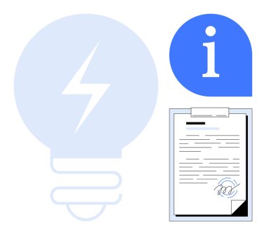 Yıldırımlı ampul, bilgi baloncuğu, panoda imzalı belge. Enerji politikası, yenilik, sözleşmeler, elektrik, yenilenebilir enerji belgeleri için idealdir. Basit düz metafor