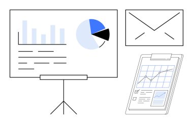 Tabloda çizelge ve pasta grafikleri var. Veri tablosu ve zarf da var. Analiz, planlama, iletişim, üretkenlik, iş raporları, eğitim için ideal düz metafor