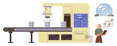 Otomatik üretim hattı robot hassasiyetinde bileşenleri birleştiriyor. Tabletteki verileri analiz eden teknisyen. Üretim, otomasyon, teknoloji, robotik, üretim, sanayi için ideal