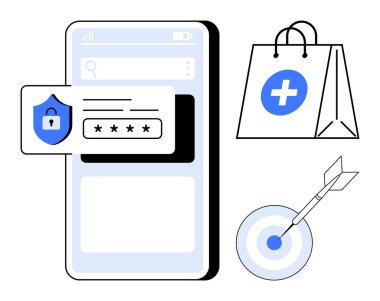 Şifre korumalı akıllı telefon, hedef ve alışveriş çantası. E-ticaret, veri güvenliği, çevrimiçi ödeme, alışveriş uygulamaları, siber güvenlik dijital güven ve pazarlama stratejisi için ideal. Basit.
