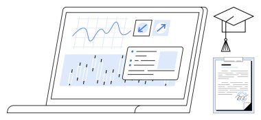 Dosyaları, analizleri ve belgeleri gösteren bir dizüstü bilgisayar. Mezuniyet şapkası ve sertifikası yanında. Eğitim, beceri geliştirme, sertifika, e-öğrenme, analitik başarı dijital araçları için ideal