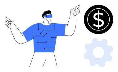 VR kulaklıklı bir adam siyah dolar simgesine ve dişli sembolüne bağlanıyor. Teknoloji, yenilik, ekonomi, sanal gerçeklik, iş dünyası, dijital dönüşüm için ideal