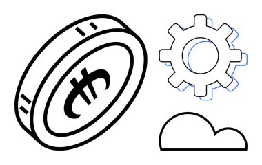 Para birimi tasarımı, teçhizatı ve bulut vurgulu fintech, yenilik, dijital ekonomi, engelleme zinciri, otomasyon. Teknoloji ve ekonomi için ideal dijital hizmetler finans dünyası bulutu