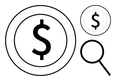 Yuvarlak çerçeveli büyük dolar işareti, büyültülmüş dolar sembolü ve büyüteçle. Finans, zenginlik, yatırım, ekonomi, analiz, araştırma, tasarruf için ideal. Basit düz metafor