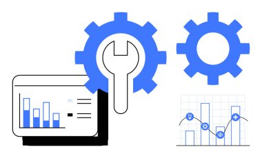 Çubuk grafikler, vitesler, ingiliz anahtarı ve grafik sistem optimizasyonunu, veri analizini ve kusursuz işlevselliği gösteriyor. Teknoloji, iş, analitik mühendisliği problem çözme yeniliği için ideal