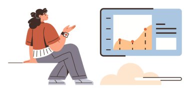 Bir kadın ekrana doğru hareket ediyor ve veri noktalarının olduğu bir çizgi çizelgesi gösteriyor. Analiz, iş stratejisi, veri görselleştirme, takım çalışması, eğitim, sunumlar ve iletişim temaları için ideal