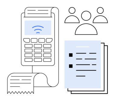 Fatura, belge ve bir grup insanla ödeme terminali. Finans, takım çalışması, iş, ödeme süreci, dijital işlemler, e-ticaret, basit düz metafor