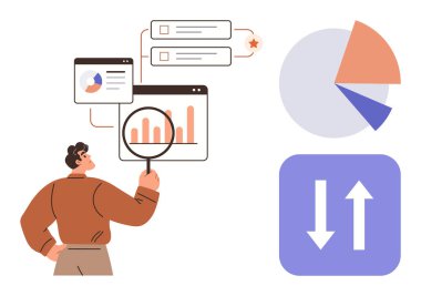 Büyüteçle, pasta grafiğiyle ve arayüz elemanlarıyla baro tablosunu inceleyen kişi. Analiz, iş, veri, araştırma, pazarlama stratejisi ve teknoloji temaları için ideal. Basit düz metafor