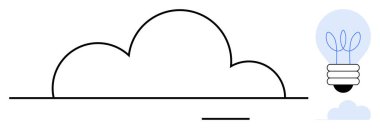 Minimalist bulut ve ekolojik ampul tasarımı yeniliği, sürdürülebilirliği ve yeşil enerjiyi sembolize eder. Yaratıcılık, eko-farkındalık, teknoloji, veri depolama, temiz enerji, modern tasarım için ideal