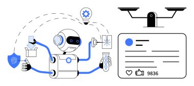 Robot araçlar, veri yönetimi, etik dengesi, kalkan simgesi, ölçüler ve ampul fikri ile görevler yerine getiriyor. Yapay zeka, robot bilimi, yenilik etiği teknolojisi otomasyonu için ideal. Basit iniş.