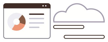 Analitik gösterge panelinde bir pasta grafiği ve bir bulut simgesinin yanında metin satırları var. Veri yönetimi, bulut depolama, analitik, dijital dönüşüm, ağ oluşturma, teknoloji, verimlilik için ideal