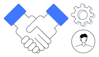 Takım çalışmasını sembolize eden tokalaşma, operasyonel süreçler için teçhizat ve bireysel katılım için profil simgesi. İş, ortaklık, takım çalışması, işbirliği, insan kaynakları, ağ kurmak için ideal